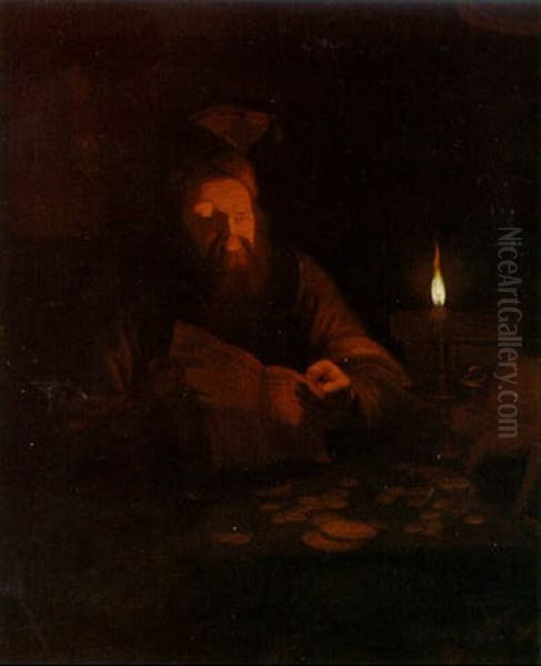 A Money Lender Reading A Letter By Candlelight At A Table Oil Painting by Christian Wilhelm Ernst Dietrich