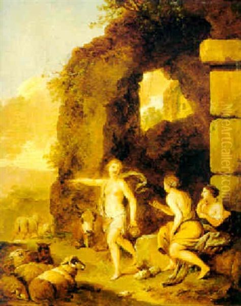 Nymphen Mit Herde Vor Klassischen Ruinen In Einer Landschaft Oil Painting by Christian Wilhelm Ernst Dietrich