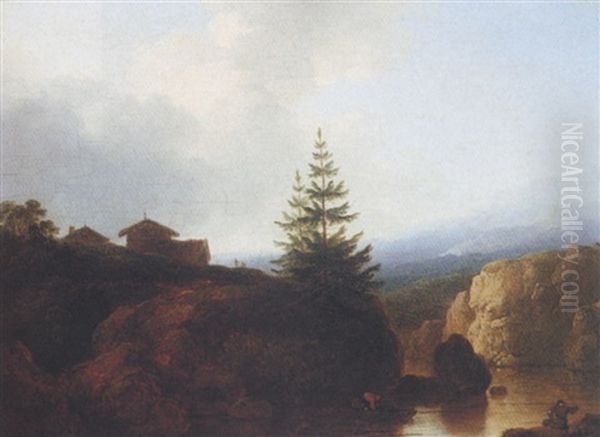 Rocky River Landscape, A Shepherd Guiding Cattle To Water Oil Painting by Christian Wilhelm Ernst Dietrich