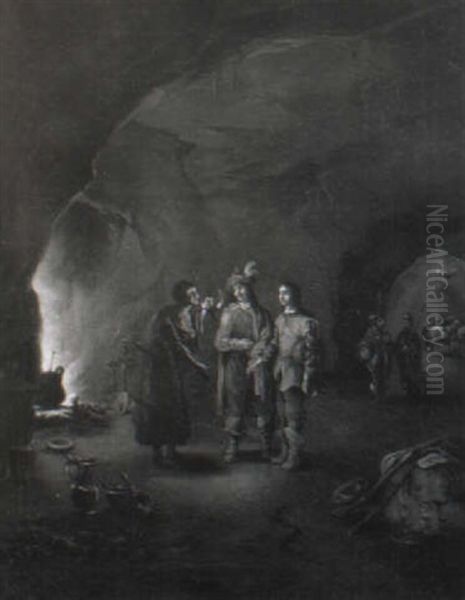 A Gypsy Fortune Teller Greeting Two Soldiers In A Grotto Oil Painting by Christian Wilhelm Ernst Dietrich