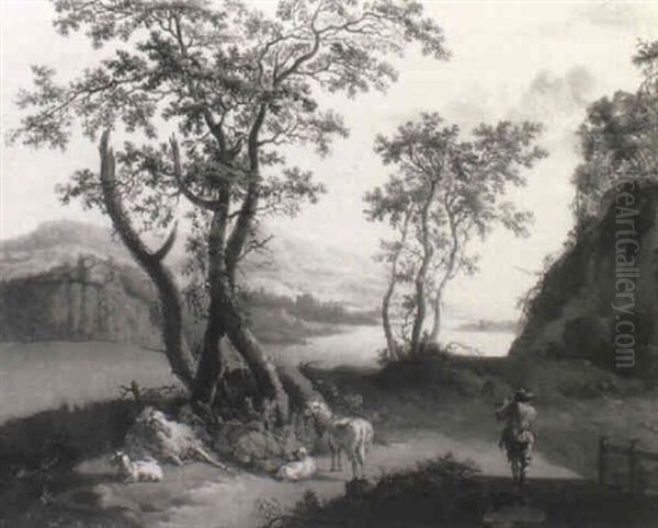 An Italianate River Landscape With A Shepherd Piping On A Bridge Oil Painting by Christian Wilhelm Ernst Dietrich