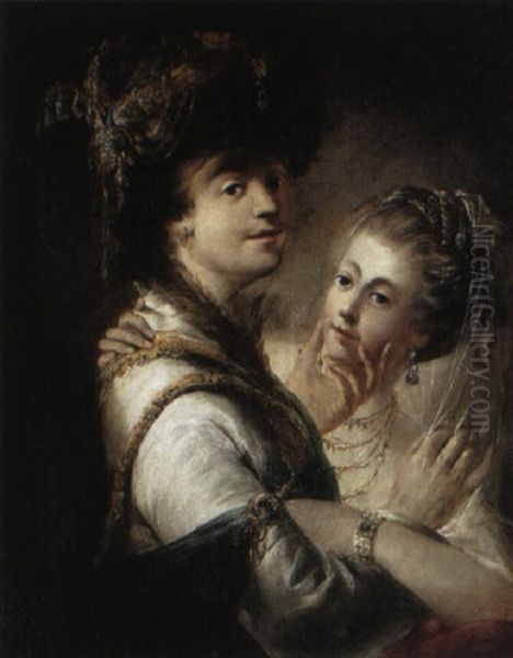 Portrait Of A Gentleman In Magyar Costume, With His Bride Oil Painting by Christian Wilhelm Ernst Dietrich