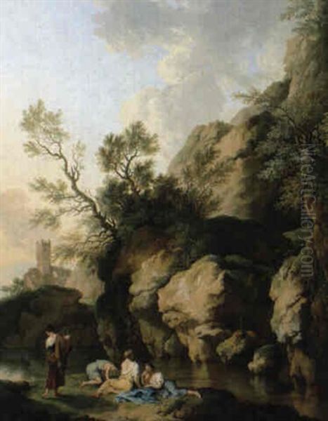 Badende In Einer Felsigen Schlucht Oil Painting by Christian Wilhelm Ernst Dietrich