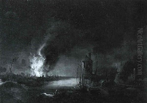 Nachtliche Feuersbrunst An Einem Flussufer Oil Painting by Christian Wilhelm Ernst Dietrich