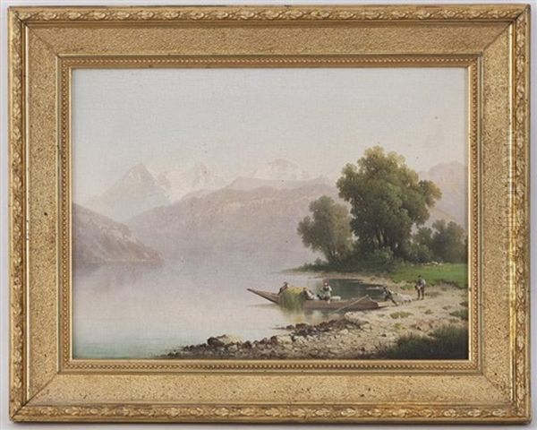 L'eiger, Le Monch Et La Jungfrau Depuis Le Bord Du Lac De Thun Et Le Lac De Thun Avec Le Bluemlisalp Et Le Niesen (pair) Oil Painting by Gottlieb Dietrich