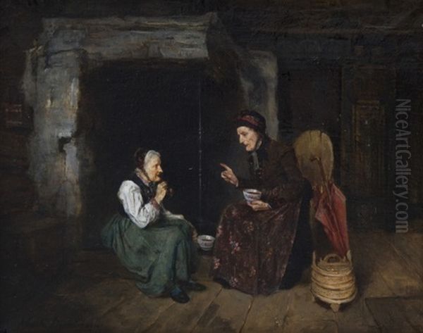 Two Women By The Fireplace by Johanne Mathilde Dietrichson