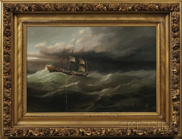 Clipper Ship In Rough Sea With Approaching Storm Oil Painting by Herman R. Dietz