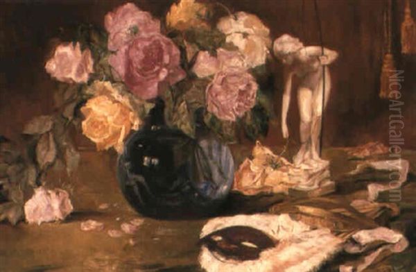 Roses In A Bowl With Figurine And Mask On Table Oil Painting by Bruno Dietze