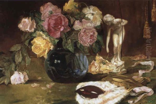 Stilleben Mit Rosen Und F,cher Oil Painting by Bruno Dietze