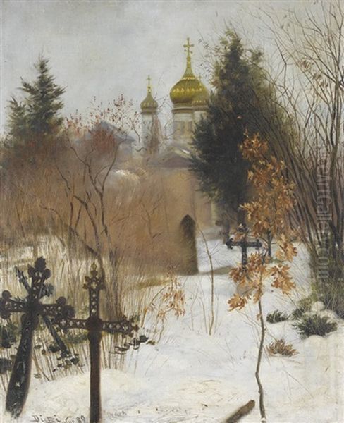 Verschneiter Friedhof Mit Orthodoxer Kirche Oil Painting by Hans Dietzi