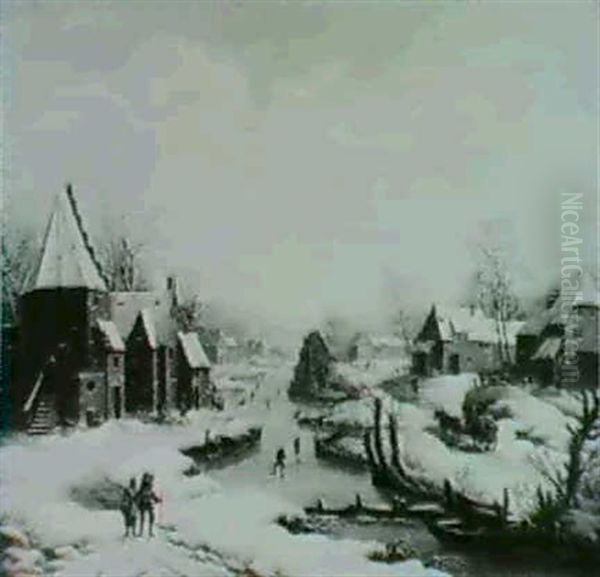 Winter Scenes : Travellers On A Road Through A Village;     And Skaters On A Canal Oil Painting by Johann Christoph Dietzsch