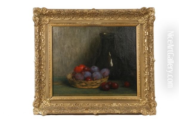 Still Life With Basket Of Plums And Stoneware Flagon Oil Painting by Hendricus Anthonius Dievenbach