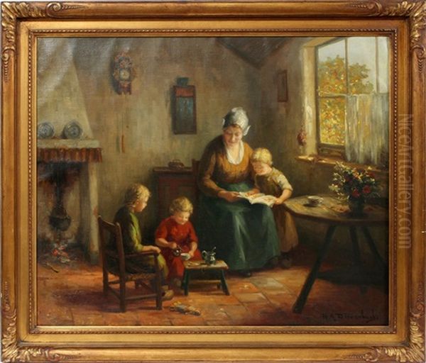 Interior Genre Scene With Mother & Children Oil Painting by Hendricus Anthonius Dievenbach