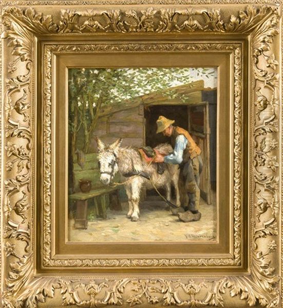 Hollander Sattelt Einen Esel Oil Painting by Hendricus Anthonius Dievenbach