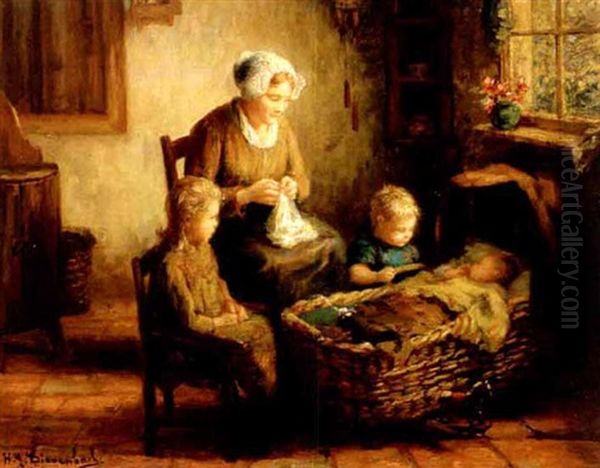 Mother And Children In A Kitchen Interior Oil Painting by Hendricus Anthonius Dievenbach