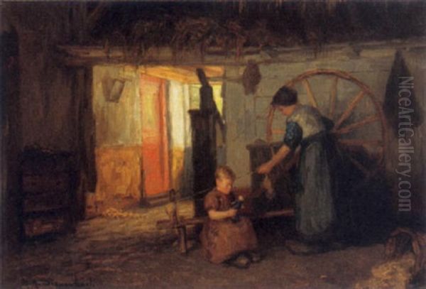 A Woman Weaving Oil Painting by Hendricus Anthonius Dievenbach