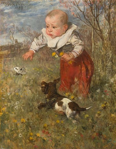 Kleinkind Mit Hund In Landschaft (fang Den Schmetterling!) Oil Painting by Wilhelm Von Diez