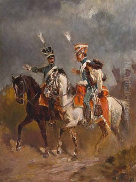 Zwei Osterreichische Husaren Zu Pferd Oil Painting by Wilhelm Von Diez