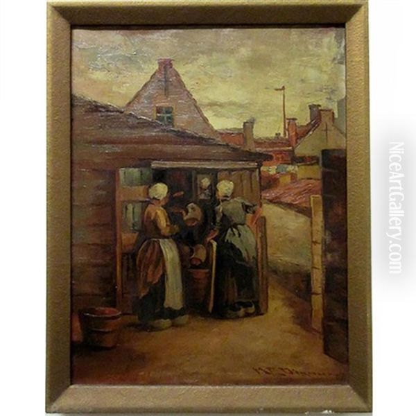 Untitled (dutch Women At Shed) Oil Painting by Mary Ella Dignam