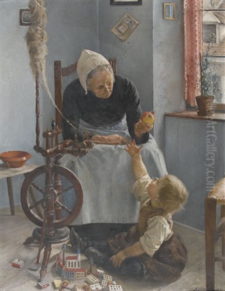 Interieur Mit Kind Und Grossmutter Am Spinnrad Oil Painting by Emil Dill