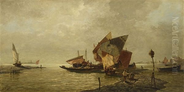 Fishing Boats In The Lagoon Oil Painting by Ludwig Dill