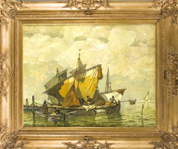 Fischerboote An Den Anlegestellen In Der Lagune Mit Blick Zu Vielen Booten Auf Dem Weiten Meer Oil Painting by Ludwig Dill