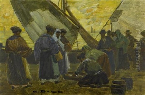 Fischhandel Am Strand Von Chioggia Oil Painting by Ludwig Dill