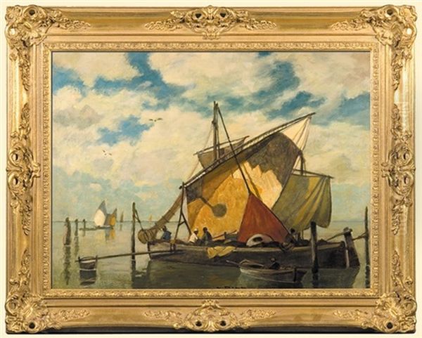 Fisherman Boats Oil Painting by Ludwig Dill