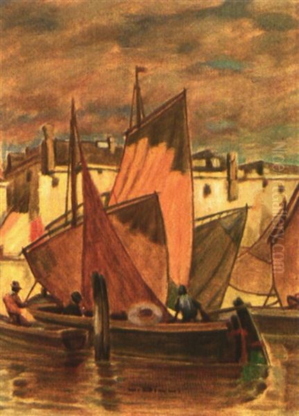 Segelboote In Sudlichem Hafen Oil Painting by Ludwig Dill