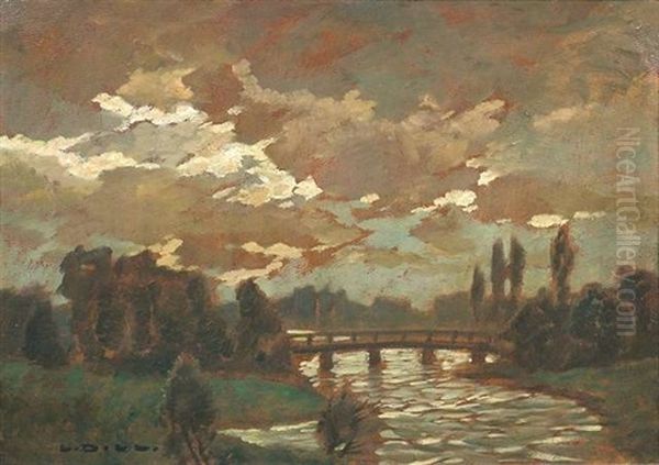 Wolkenverhangene Flusslandschaft Mit Einer Brucke by Ludwig Dill