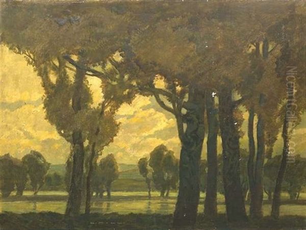 Baumgesaumtes Flussufer Im Abendlicht Oil Painting by Ludwig Dill