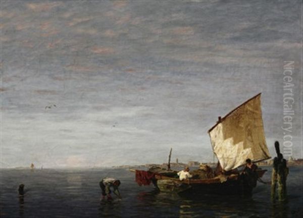 Venedig. Fischer Beim Einholen Des Fangs In Der Lagune, Im Hintergrund Die Silhouette Der Stadt Oil Painting by Ludwig Dill