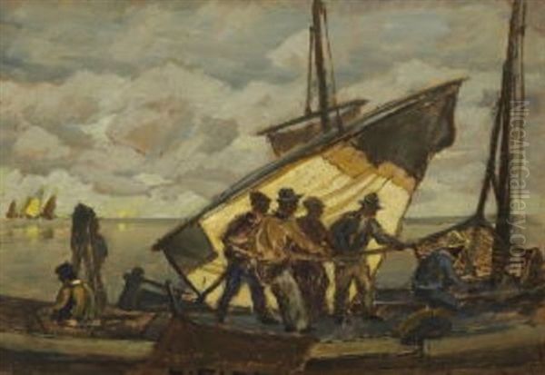 Lastschiff In Der Lagune Oil Painting by Ludwig Dill