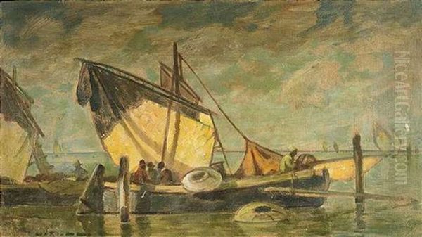 Fischerboote Wahrend Einer Flaute Oil Painting by Ludwig Dill