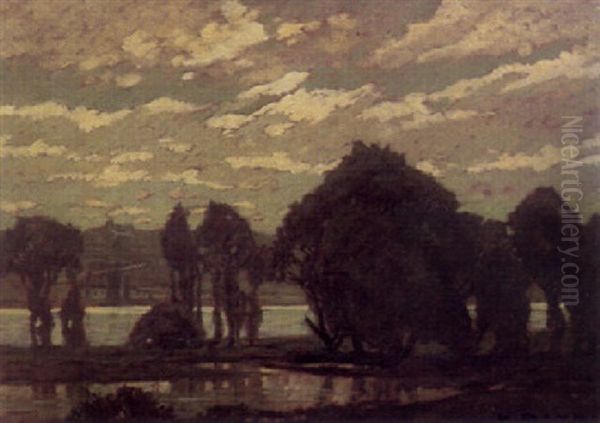 Wasserlandschaft Bei Dachau Im Abendlicht Oil Painting by Ludwig Dill