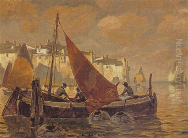 Boote Im Giudecca-kanal Venedig Oil Painting by Ludwig Dill