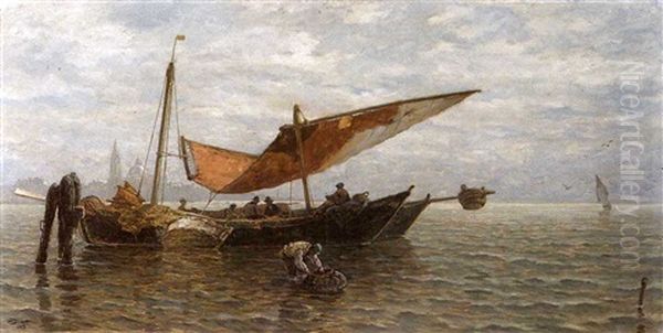 Fischer Beim Einholen Der Reusen In Der Lagune Von Venedig Oil Painting by Ludwig Dill