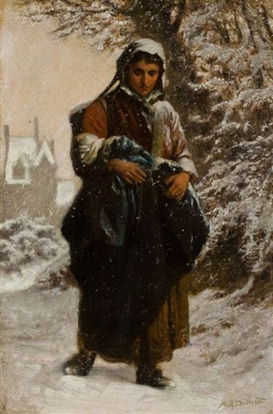 Junge Mutter Im Schnee Oil Painting by Adolf Alexander Dillens