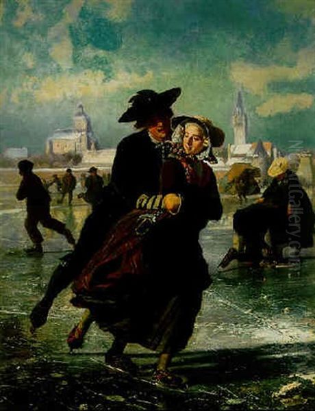 Lovers Skating Oil Painting by Adolf Alexander Dillens