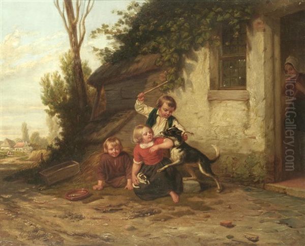 Children Defending A Kitten Oil Painting by Hendrick Joseph Dillens