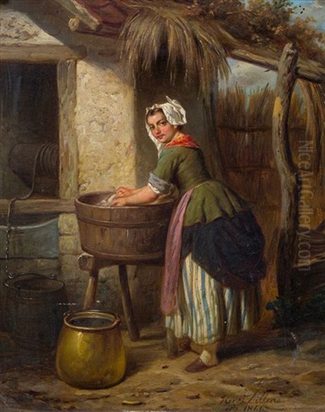 Die Wascherin Oil Painting by Hendrick Joseph Dillens