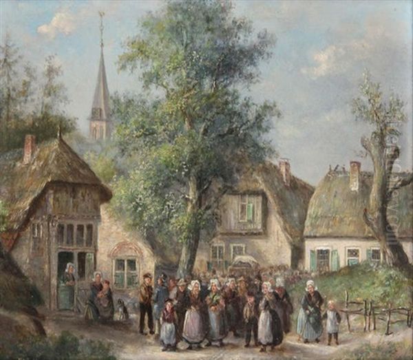 Foule Devant Un Village Oil Painting by Hendrick Joseph Dillens