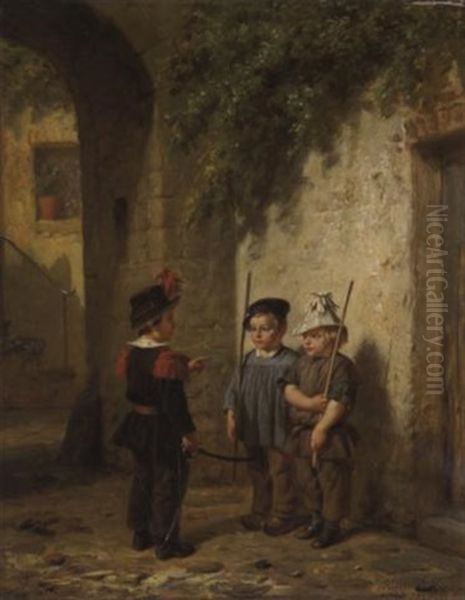 Trois Enfants Jouant Au Soldat Oil Painting by Hendrick Joseph Dillens