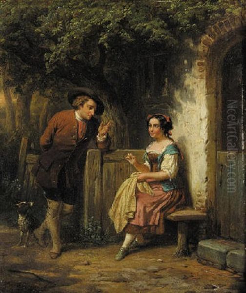 Figures Outside A Cottage Oil Painting by Hendrick Joseph Dillens