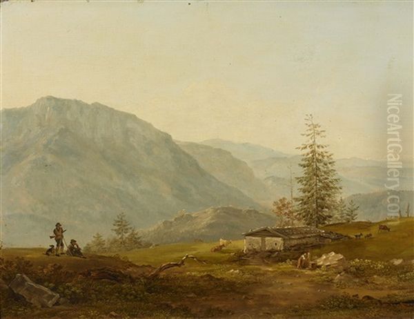 Gebirgslandschaft Mit Almhutte Und Jagern Oil Painting by Cantius Dillis