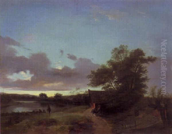 Nach Sonnenuntergang - Fischer Am See Oil Painting by Cantius Dillis