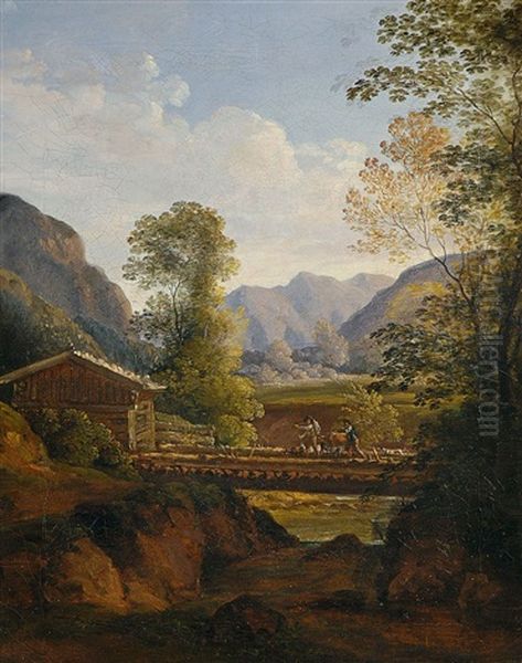 Gebirgslandschaft Mit Holzbrucke Oil Painting by Georg Maximilian Johann Von Dillis