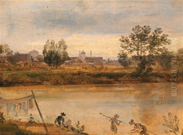 Angler Am Fluss, Im Hintergrund Eine Stadt Oil Painting by Georg Maximilian Johann Von Dillis