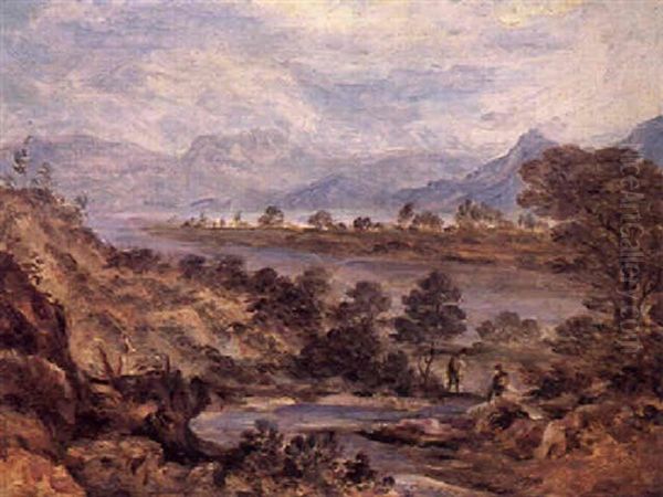 Bergige Landschaft Mit See Und Zwei Wanderern Oil Painting by Georg Maximilian Johann Von Dillis