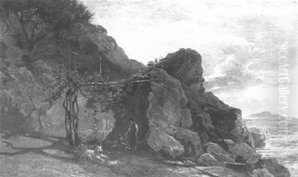 Figures Under A Pergola On A Rocky Coastline, Near Amalfi Oil Painting by Frank Dillon